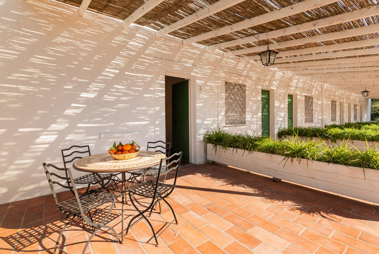 Terrazza con tavolo, sedie e fruttiera sotto pergolato ombreggiato.