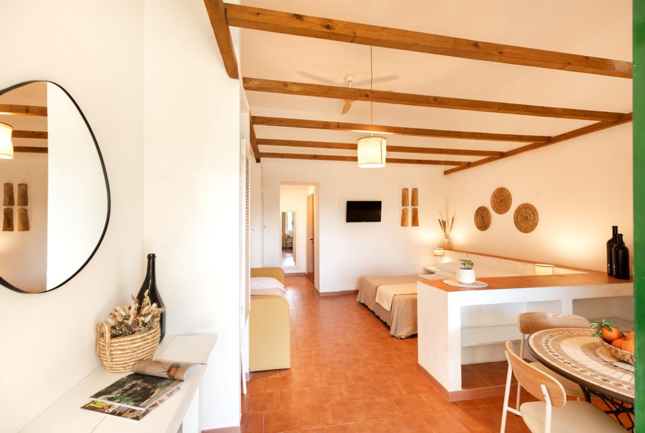 Interno luminoso con arredi moderni e dettagli rustici.